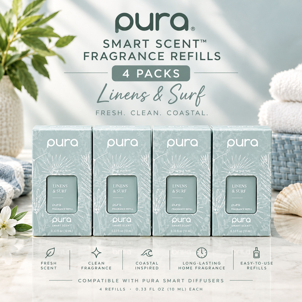 Pura Smart Scent Linens & Surf Fragrance Refills 4 Pack 0.33 fl oz Each